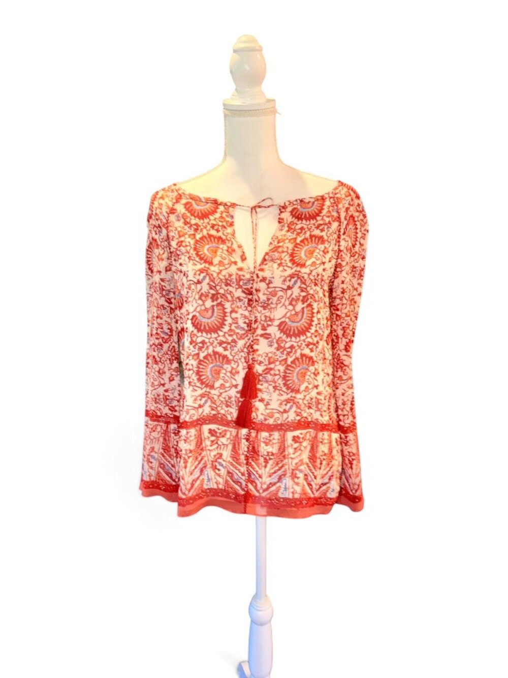 Tory Burch Silk Blouse Size 4 Red White Floral Tassel Tie Neck Boho Long Sleeve